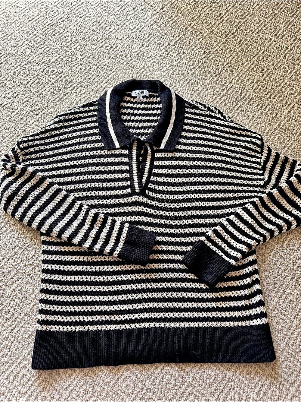 525 Striped Polo Sweater in Black & Cream, Size Small, Like New